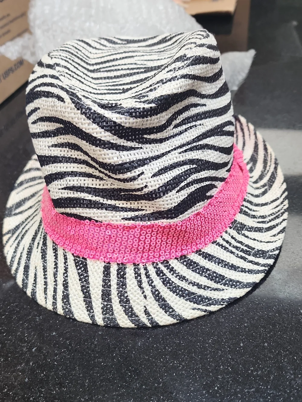 Zebra Print Straw Fedora with Pink Sequin Band